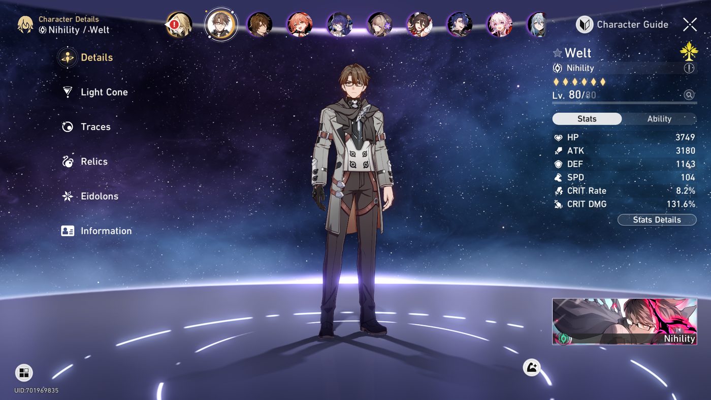 Character details screen showing level 80 of 80 and the character's stats