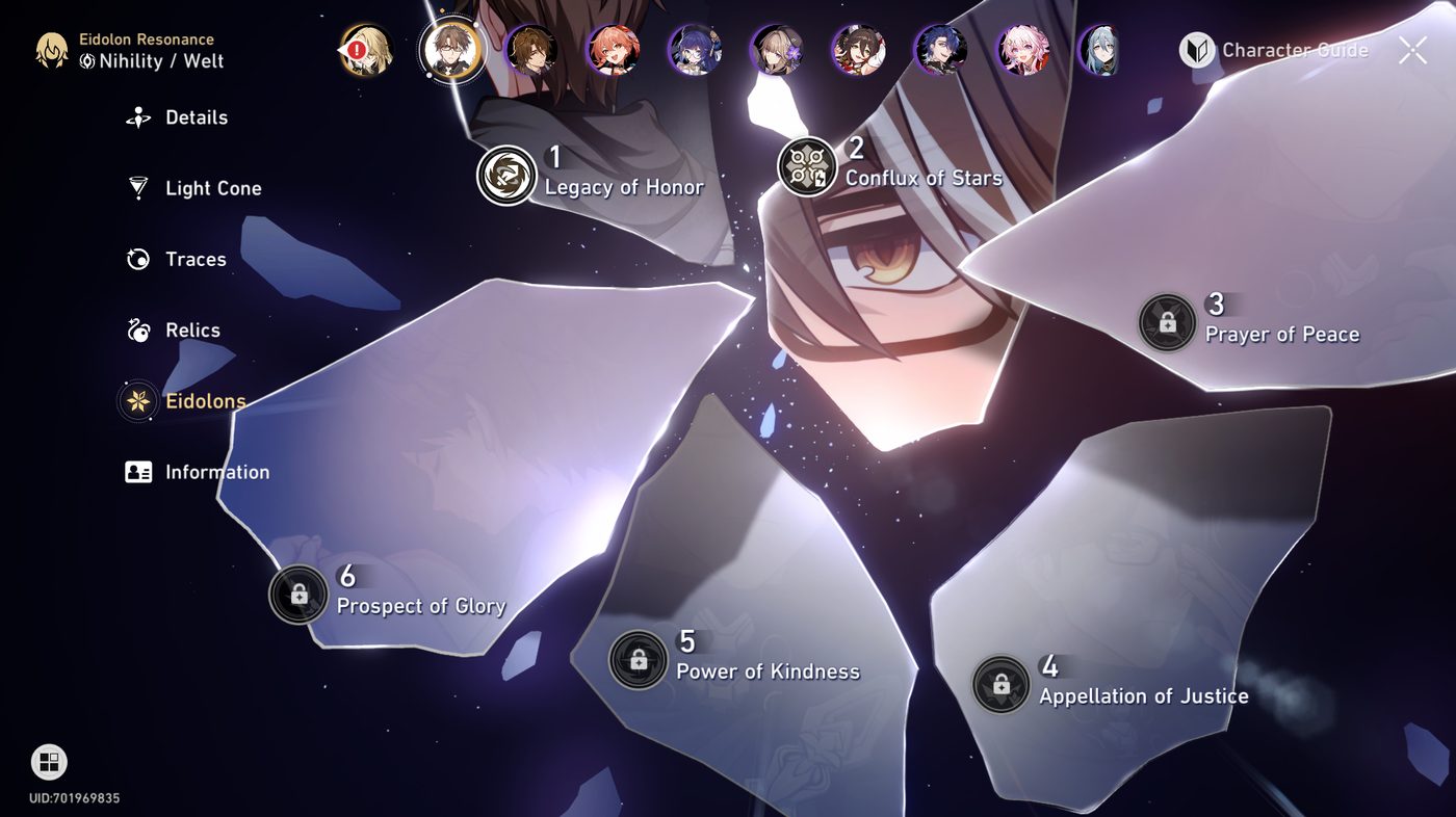 Eidolon screen showing six Eidolons, two unlocked and four locked