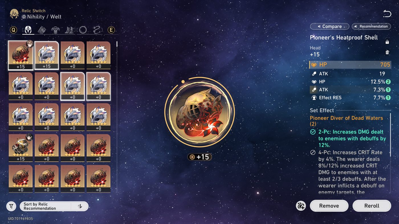 A single Relic piece with its main stat, random sub-stats and set effect