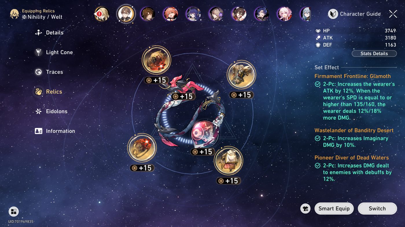 A character's six equipped Relics with their active set effects