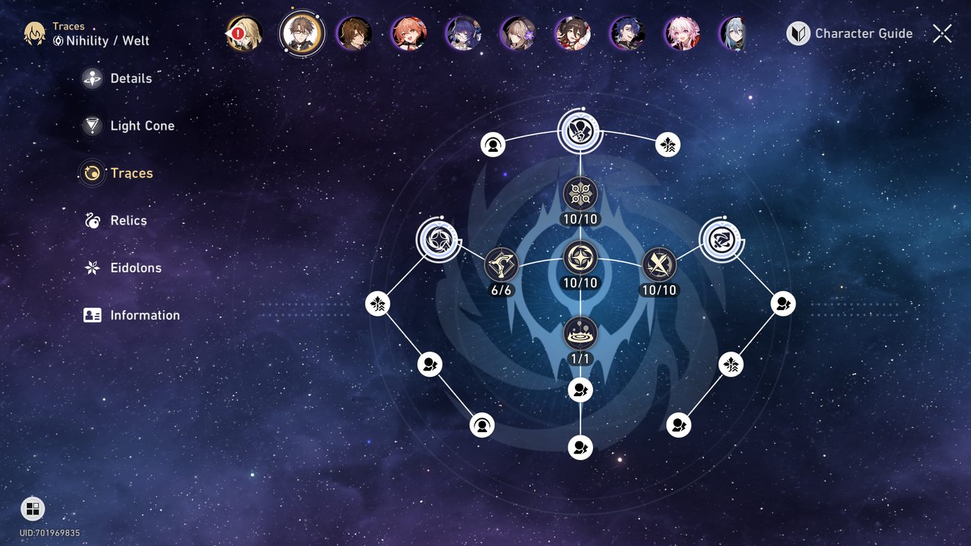 Traces skill tree with large Special Trace nodes, numbered Ability Trace nodes and small Stat Trace nodes
